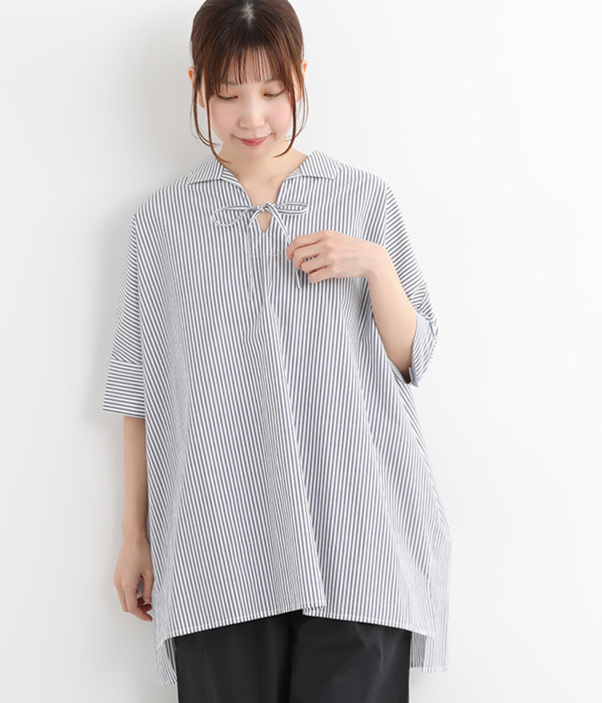 コットン細番手リボンチュニックブラウス(ストライプ-ONESIZE)