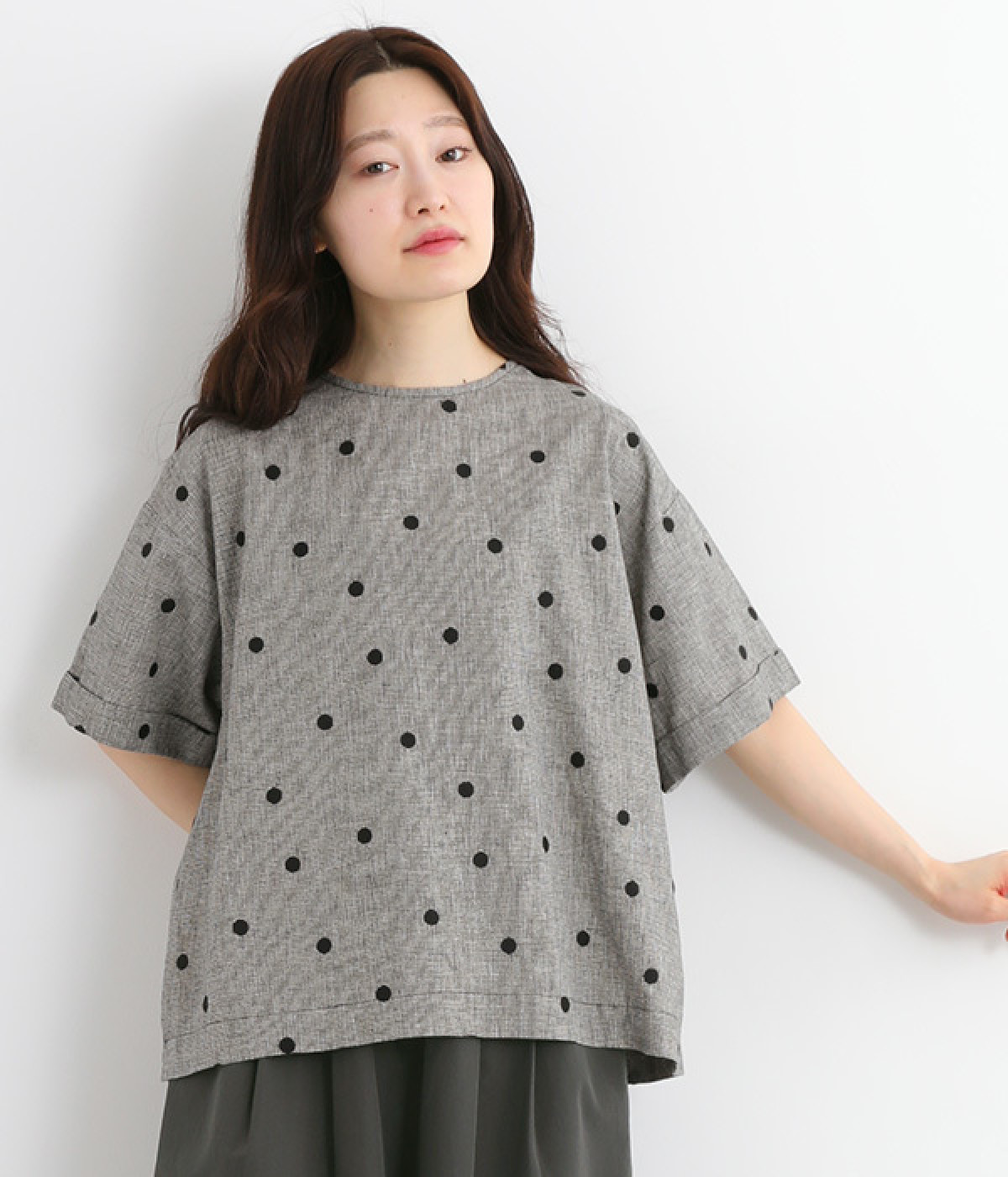 コットンリネンドット刺繍ブラウス(チドリ-ONESIZE)