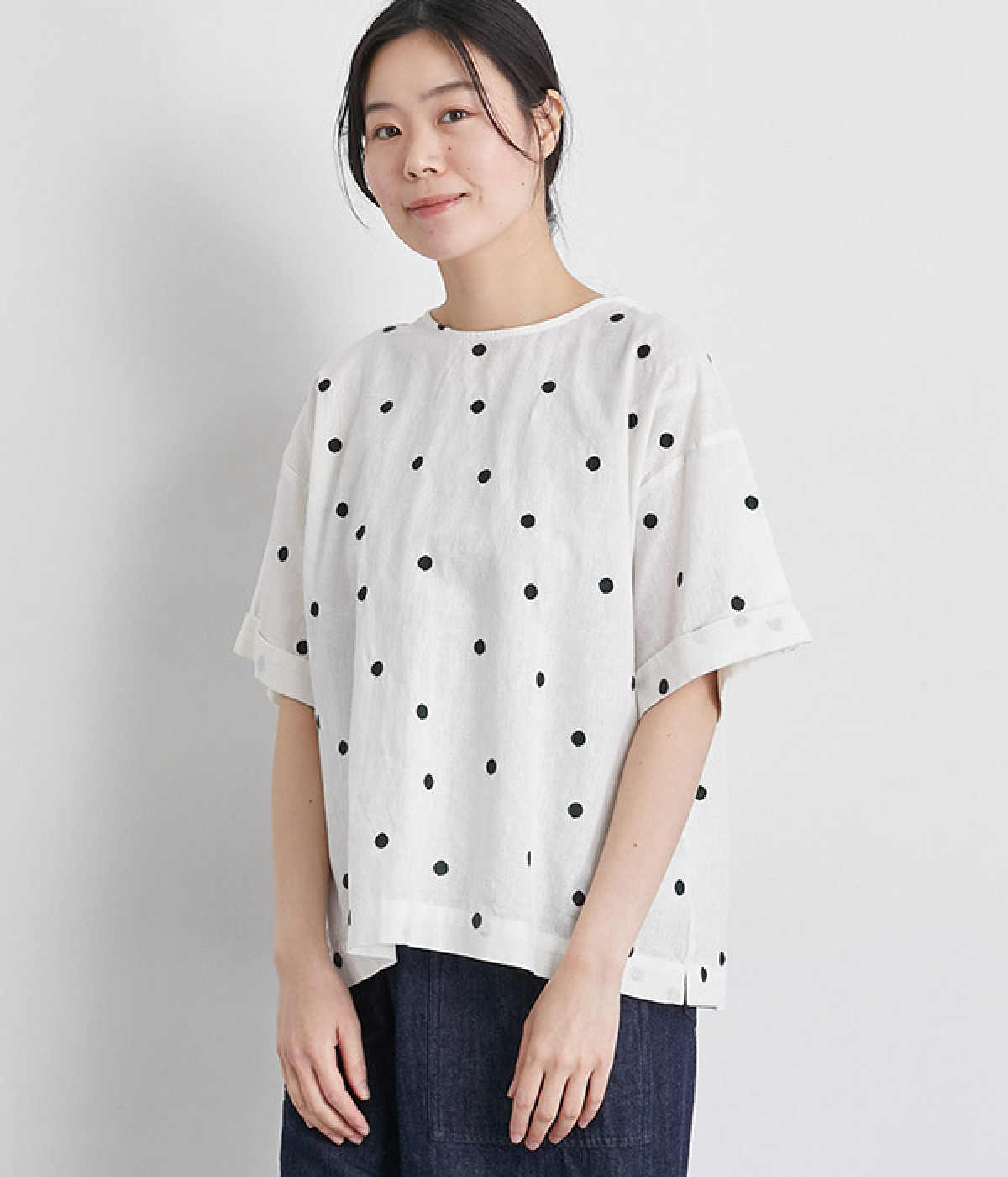 コットンリネンドット刺繍ブラウス(ホワイト-ONESIZE)