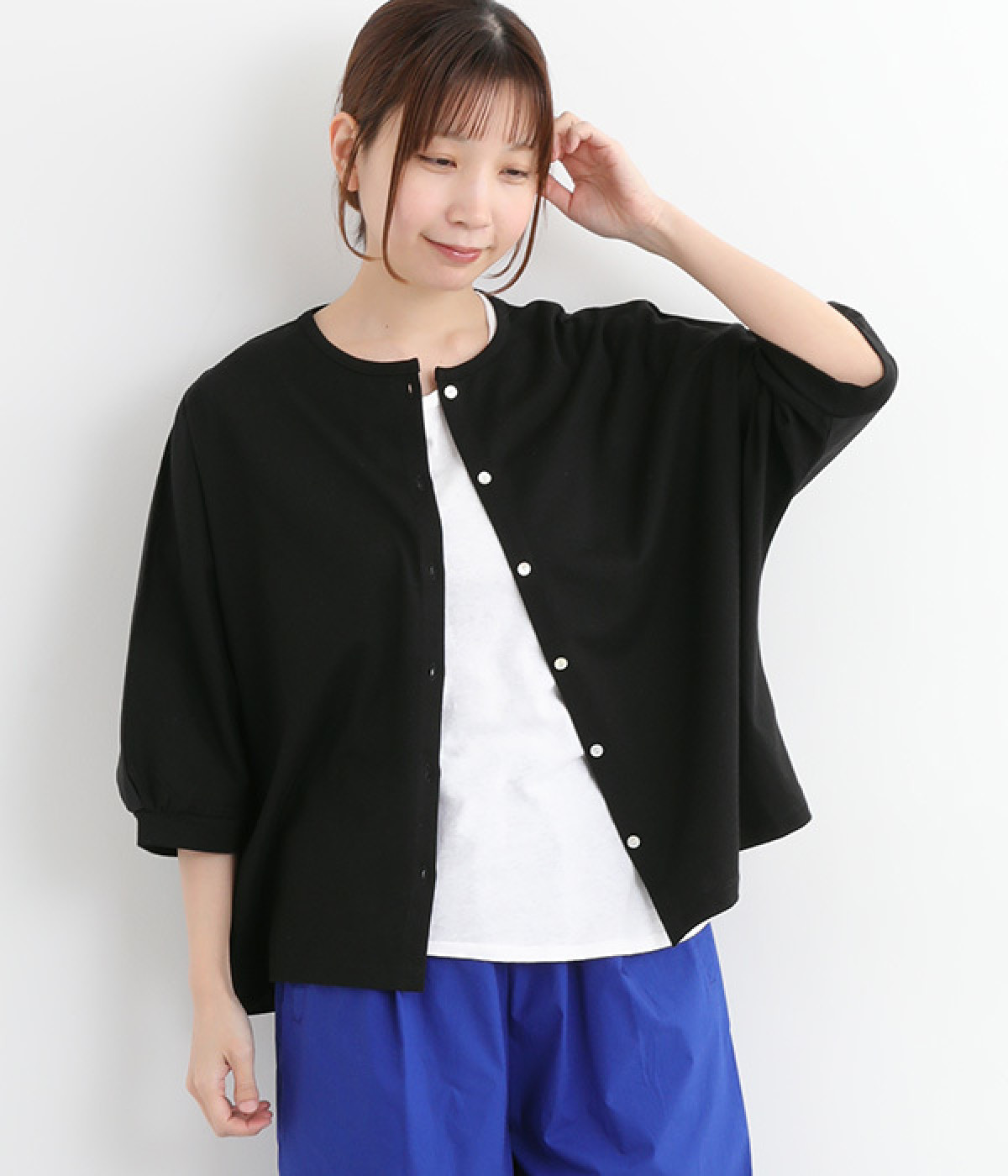 【日本製】GIZAndy天竺布帛切替ドルマンカーディガン(ブラック-ONESIZE)