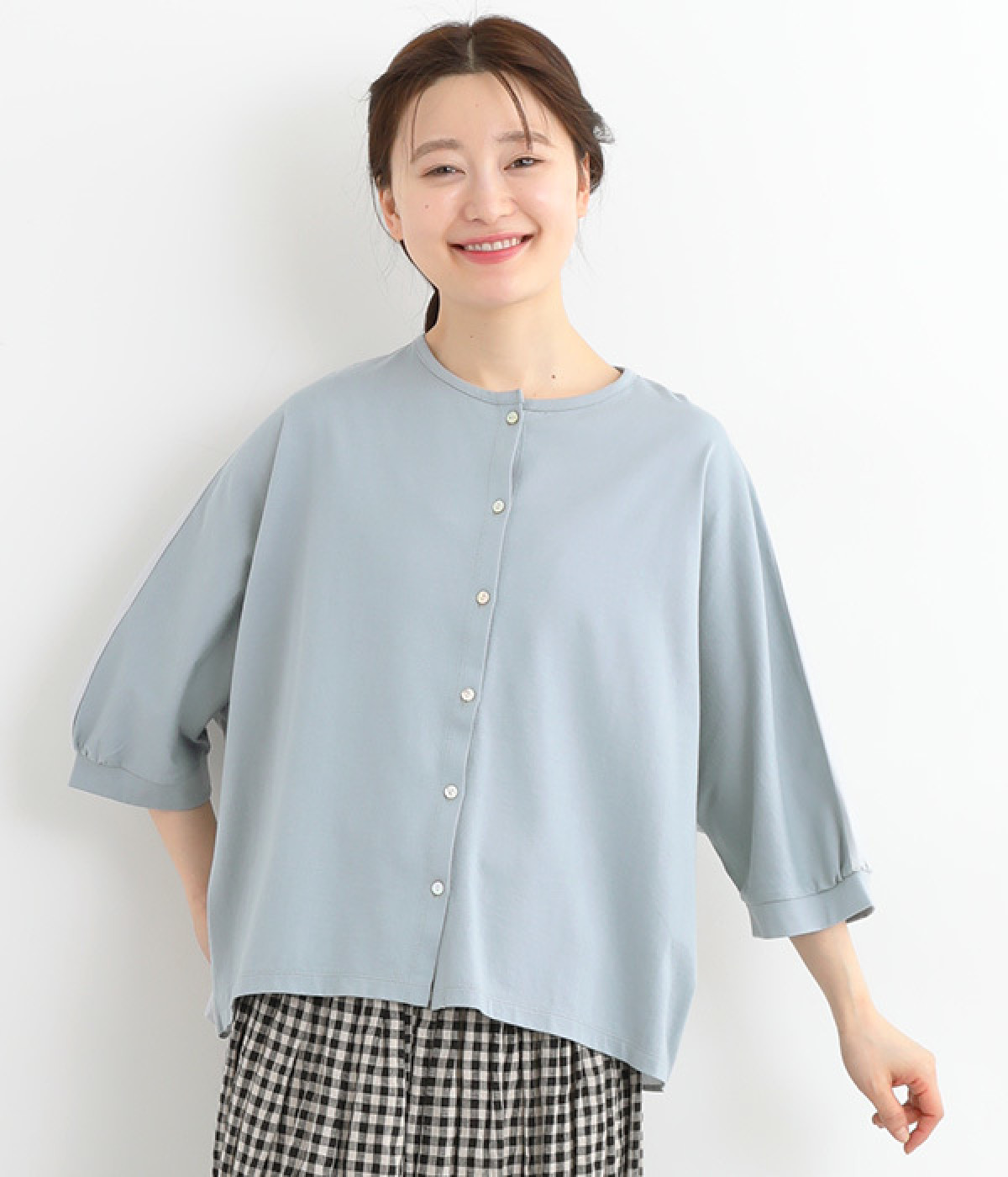 【日本製】GIZAndy天竺布帛切替ドルマンカーディガン(ライトブルー-ONESIZE)