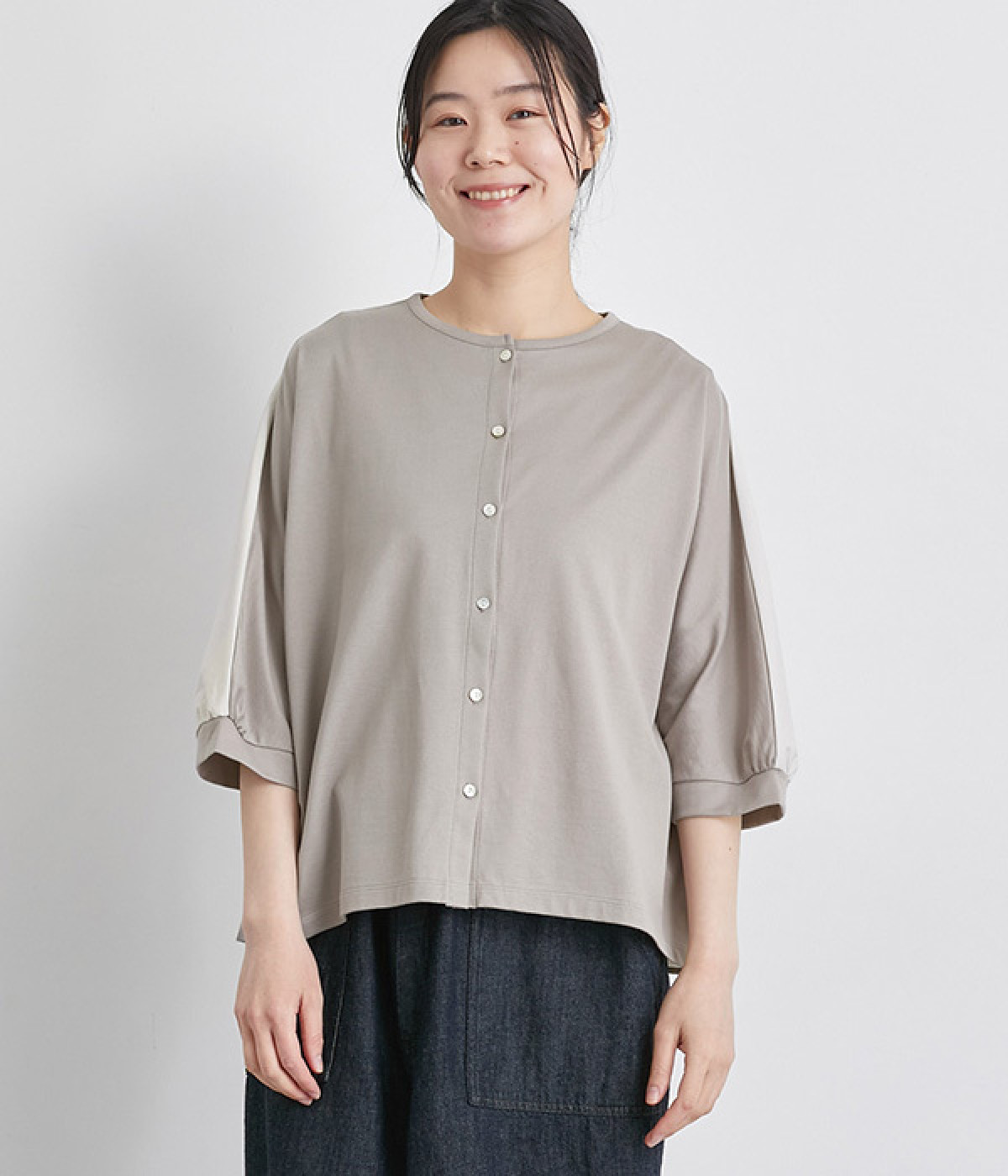 【日本製】GIZAndy天竺布帛切替ドルマンカーディガン(グレージュ-ONESIZE)
