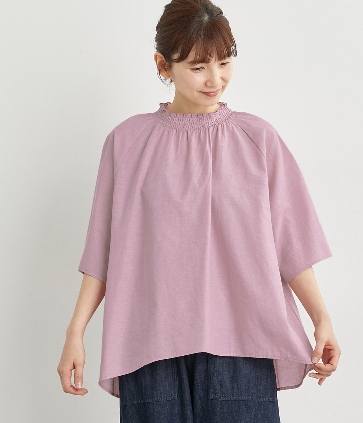 コットンリネン細番手シャーリングブラウス(ピンク-ONESIZE)