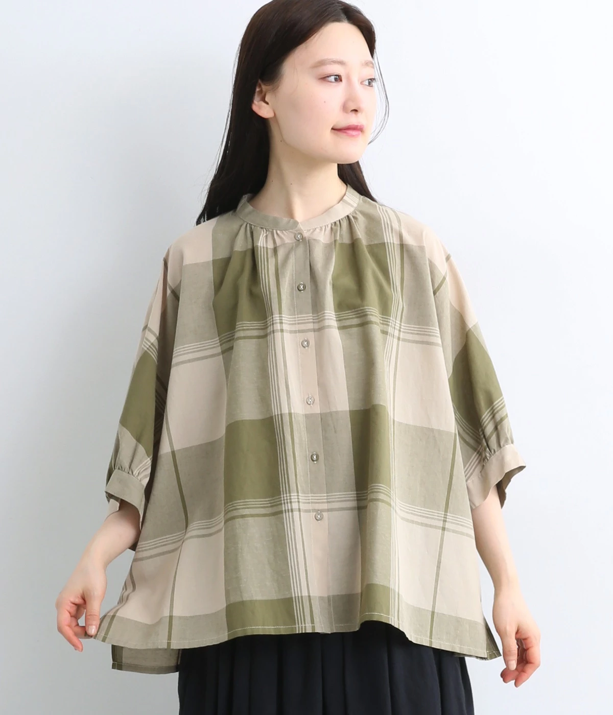 コットンリネン細番手ブロックチェックブラウス(グリーン-ONESIZE)