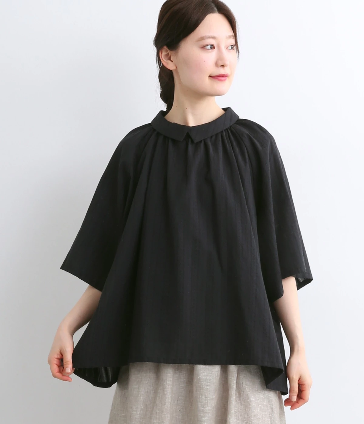 コットンドビー刺繍フラットカラーブラウス(ブラック-ONESIZE)