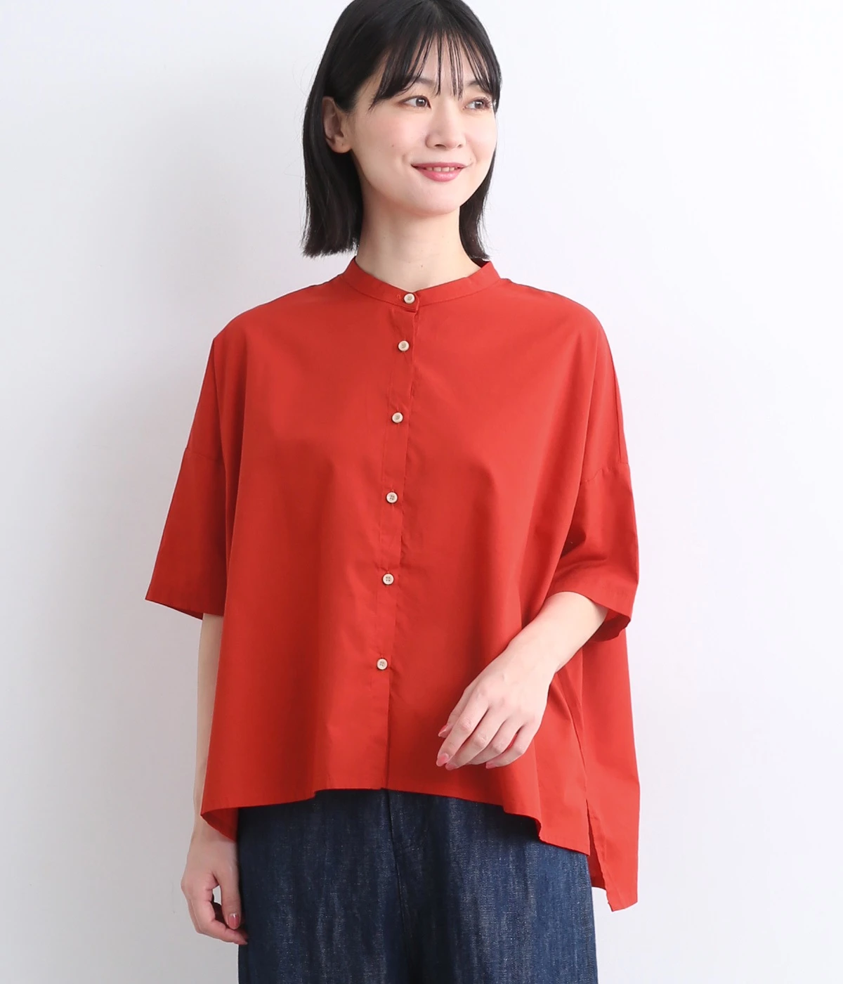コットンレーヨン平織り無地　ワイドシルエットブラウス(レッド-ONESIZE)