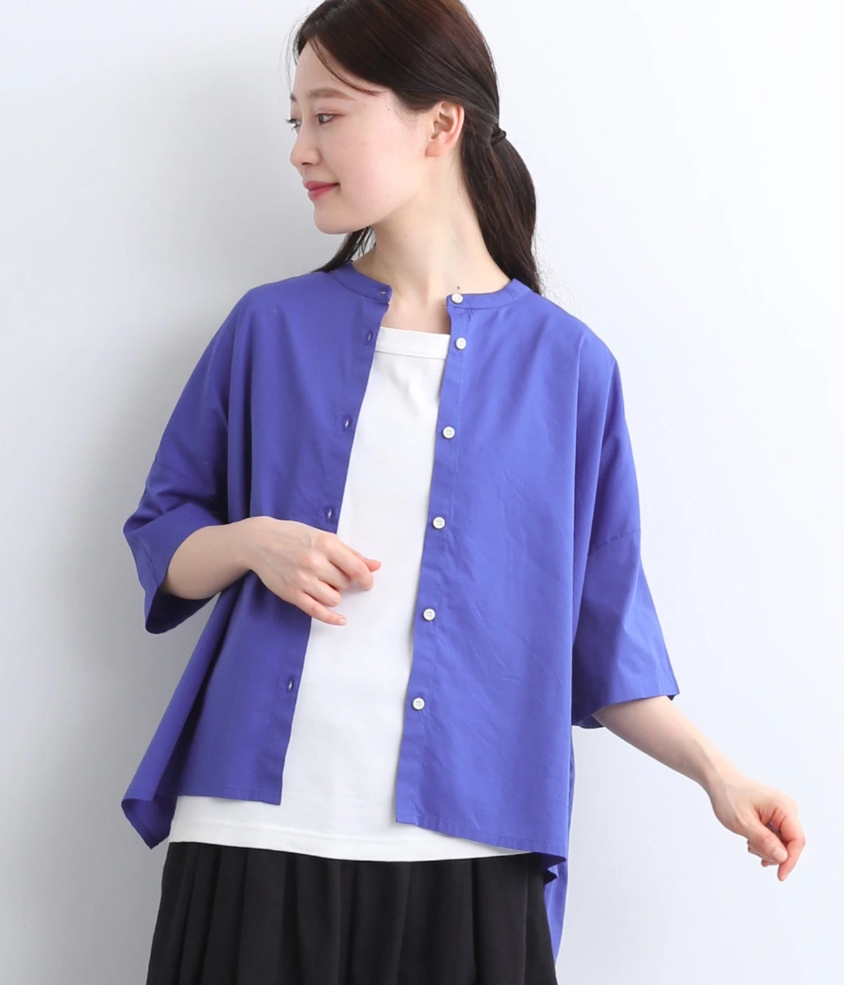 コットンレーヨン平織り無地　ワイドシルエットブラウス(ブルー-ONESIZE)