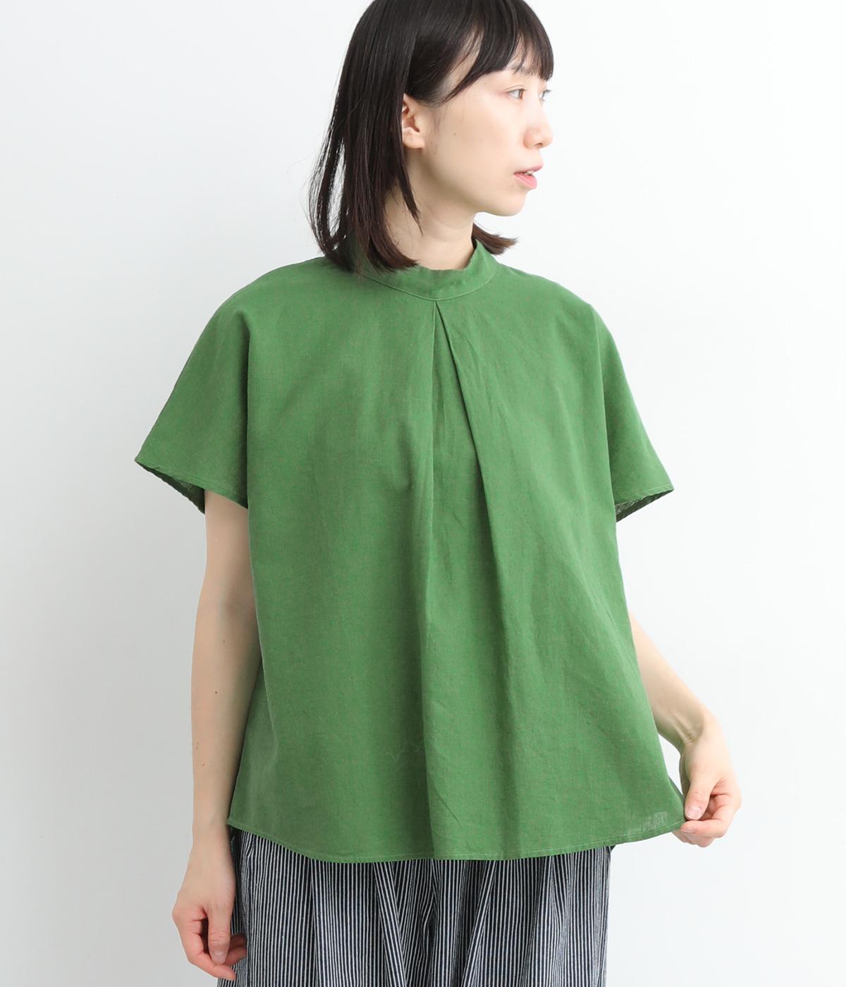 コットンリネン平織り無地スタンドカラーブラウス(グリーン-ONESIZE)