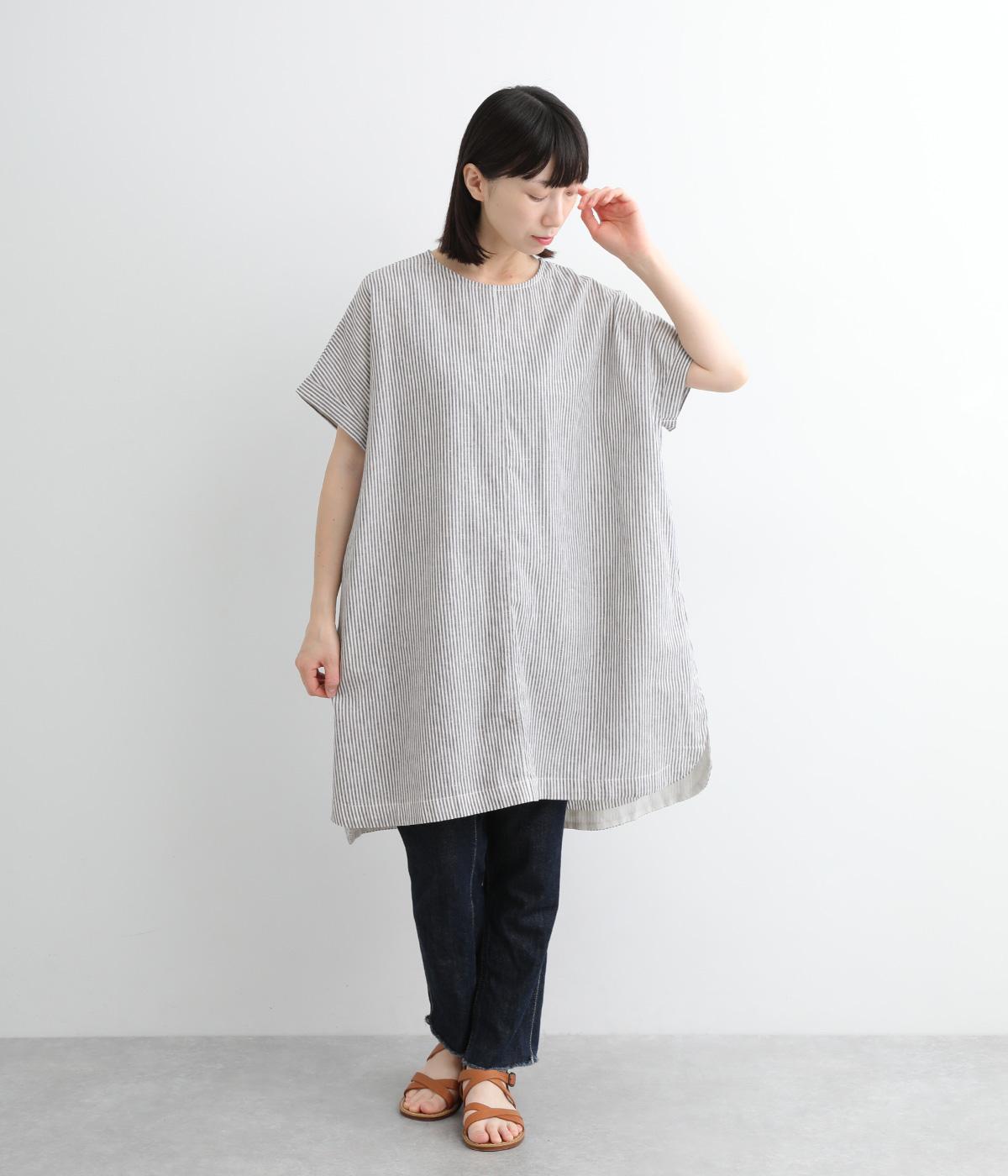 コットンリネン平織りストライプ後ろポケットチュニック(ブルー-ONESIZE)