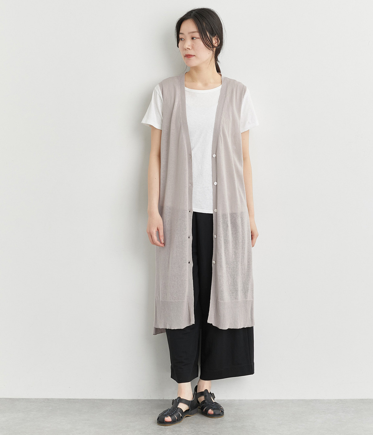 コットンリネンニットロングベスト(ライトグレー-ONESIZE)