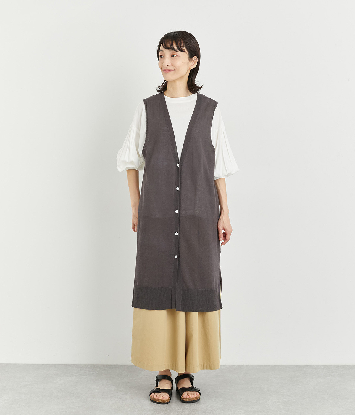 コットンリネンニットロングベスト(ダークグレー-ONESIZE)