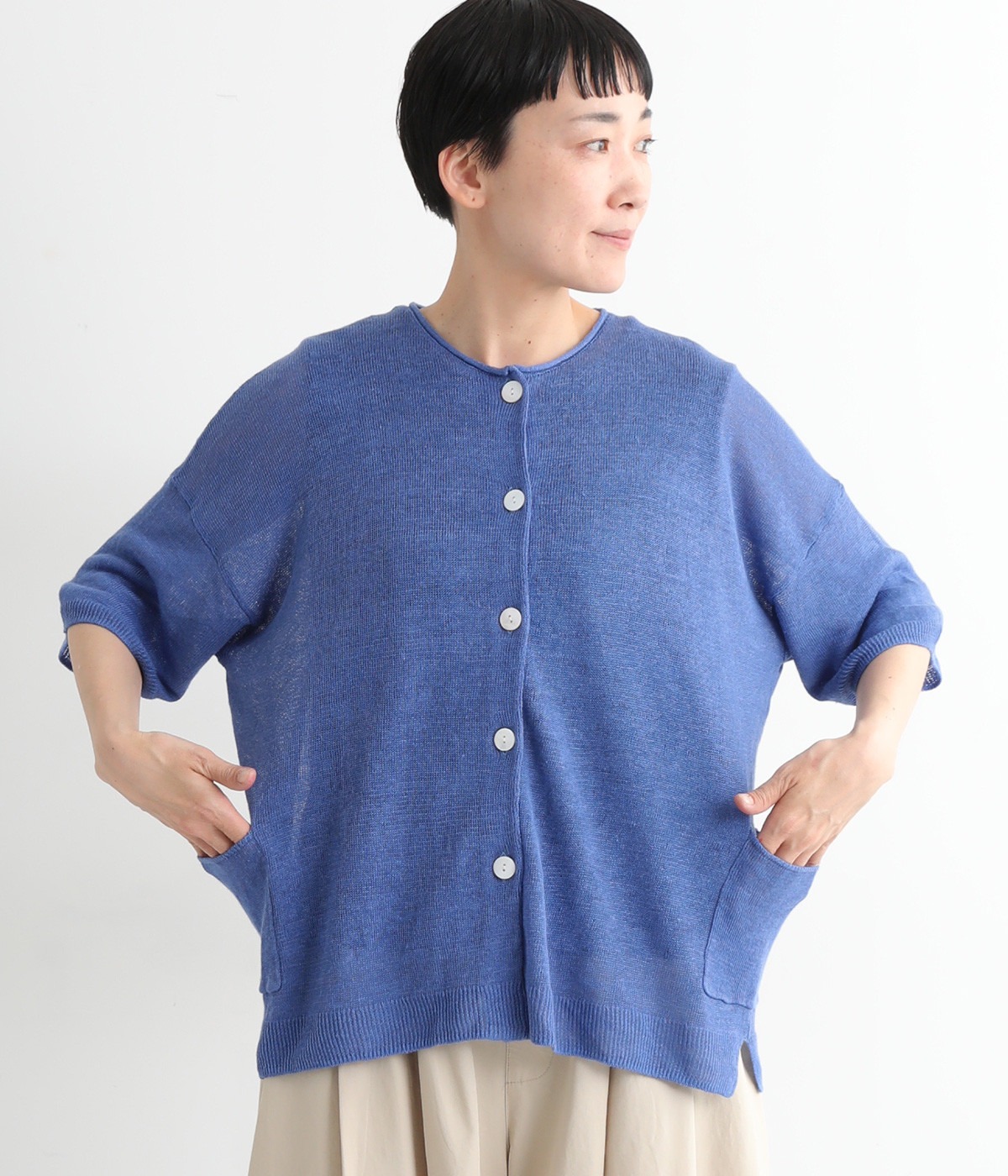 リネンニットポケットカーディガン(ブルー-ONESIZE)