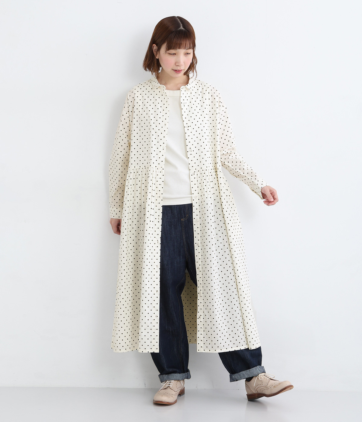 コットンドットプリントハオリワンピース(ホワイト-ONESIZE)