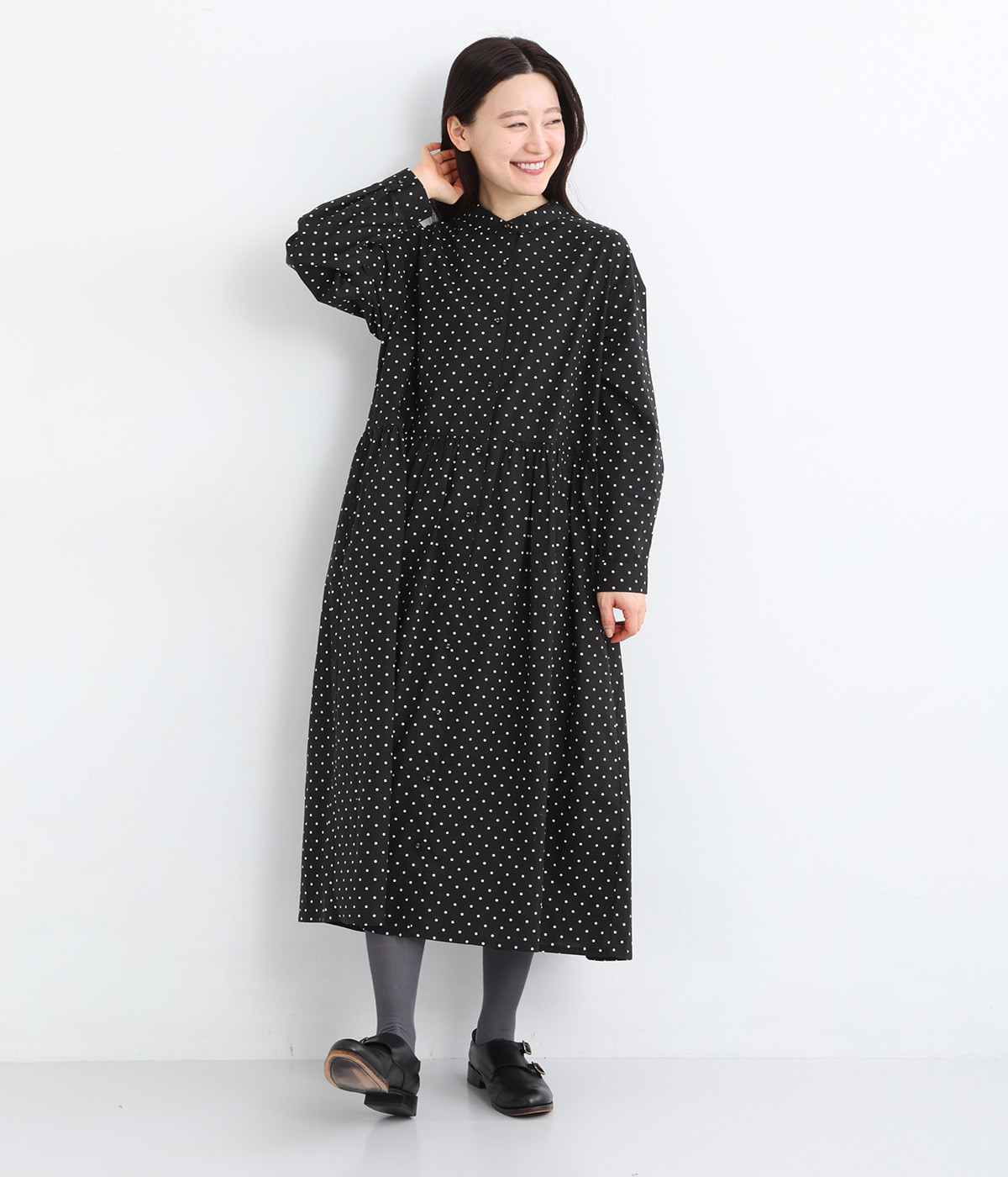 コットンドットプリントハオリワンピース(ブラック-ONESIZE)