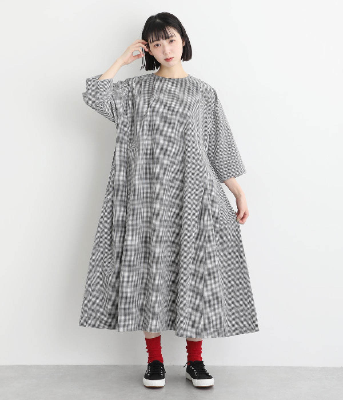 コットンブロードギンガムチェックタックワンピース(ブラック-ONESIZE)