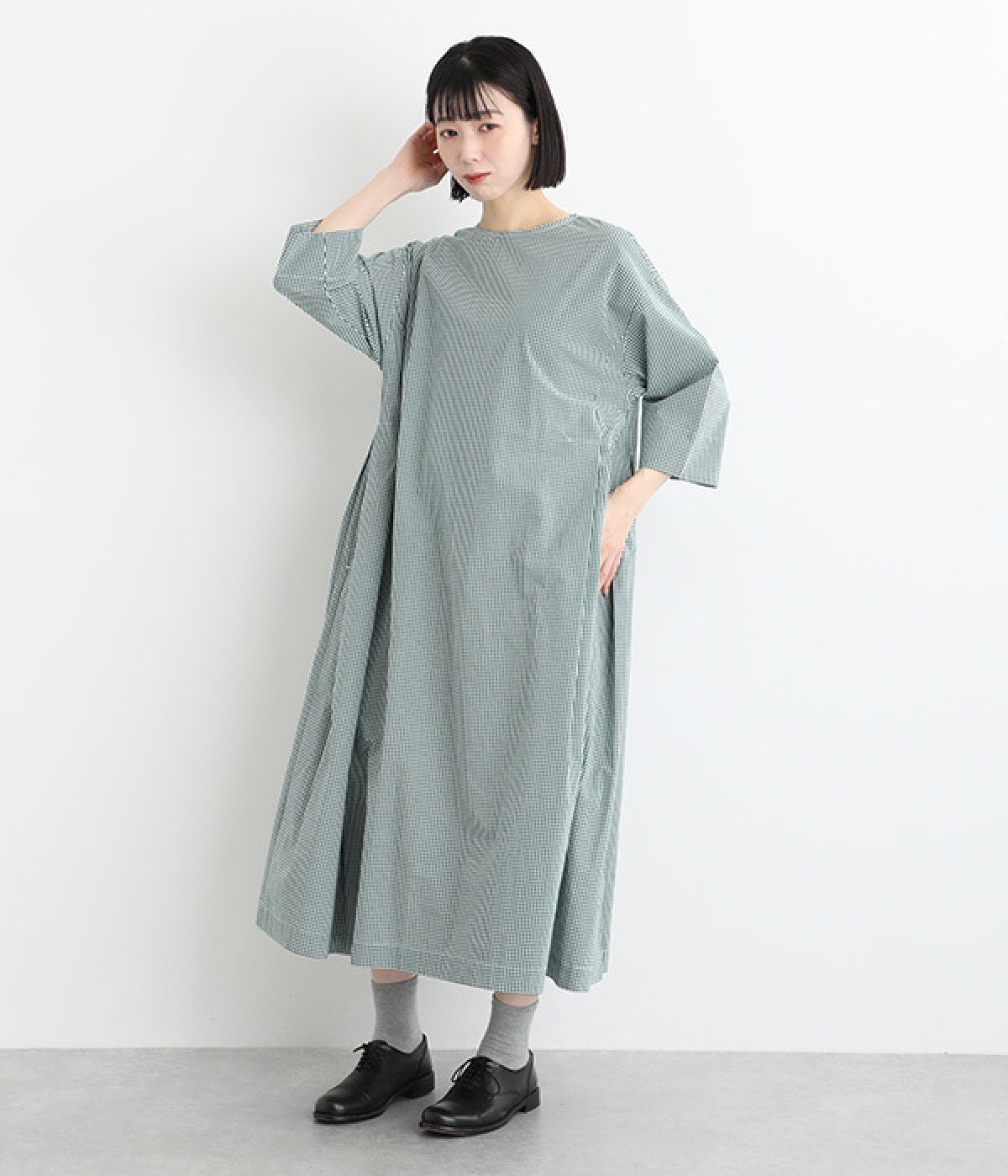 コットンブロードギンガムチェックタックワンピース(グリーン-ONESIZE)
