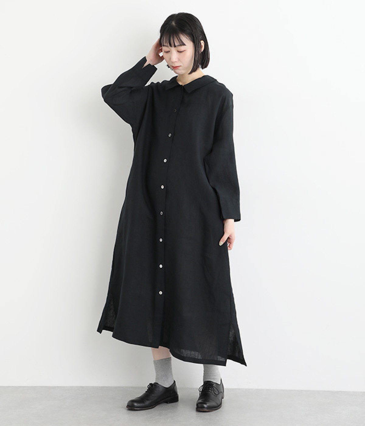 シェルボタンリネンコートワンピース(ブラック-ONESIZE)