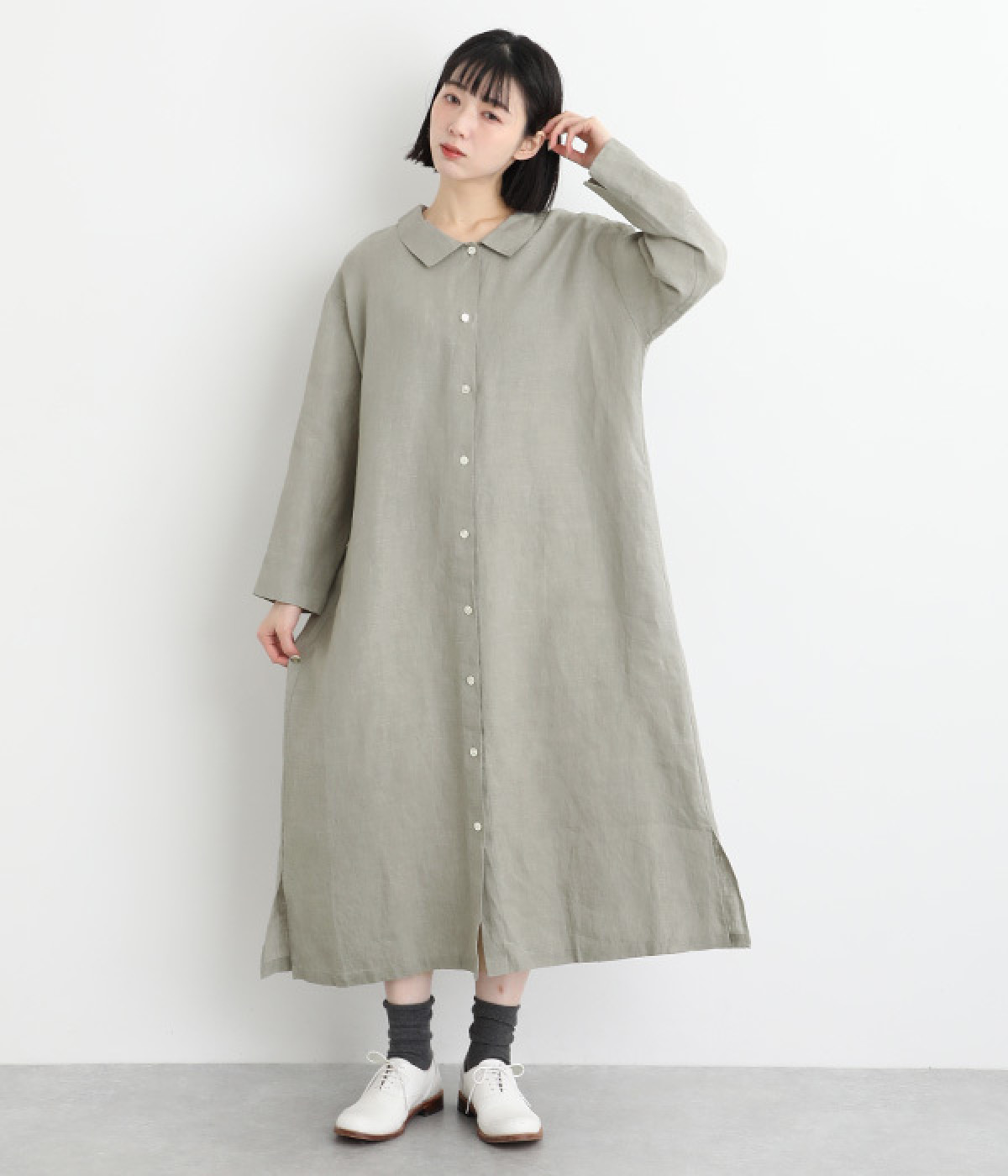 シェルボタンリネンコートワンピース(ライトグリーン-ONESIZE)