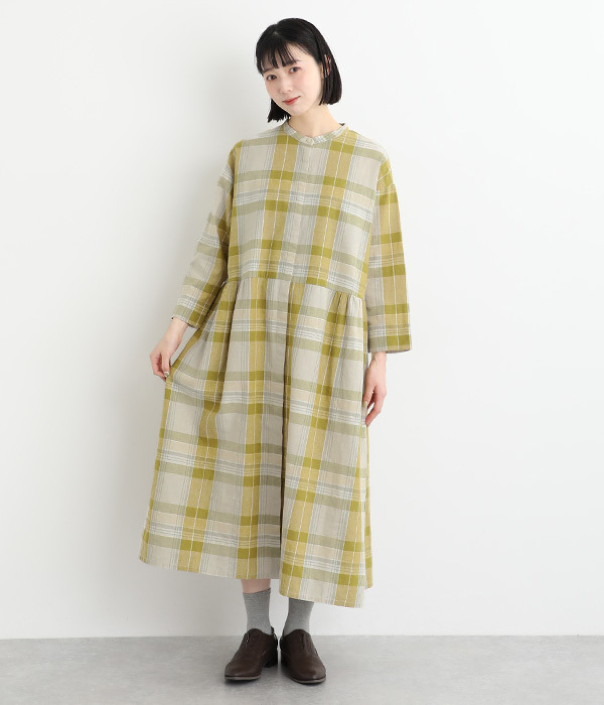 コットンリネンチェック比翼開きワンピース(イエロー-ONESIZE)