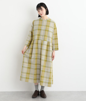 コットンリネンチェック比翼開きワンピース(イエロー-ONESIZE)