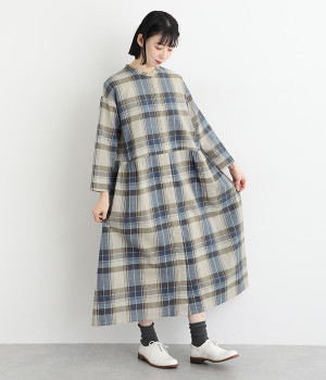 コットンリネンチェック比翼開きワンピース(ブルー-ONESIZE)