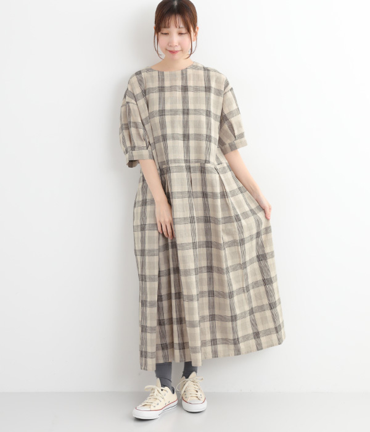 コットンリネン平織りチェック切替タックワンピース(ベージュ-ONESIZE)