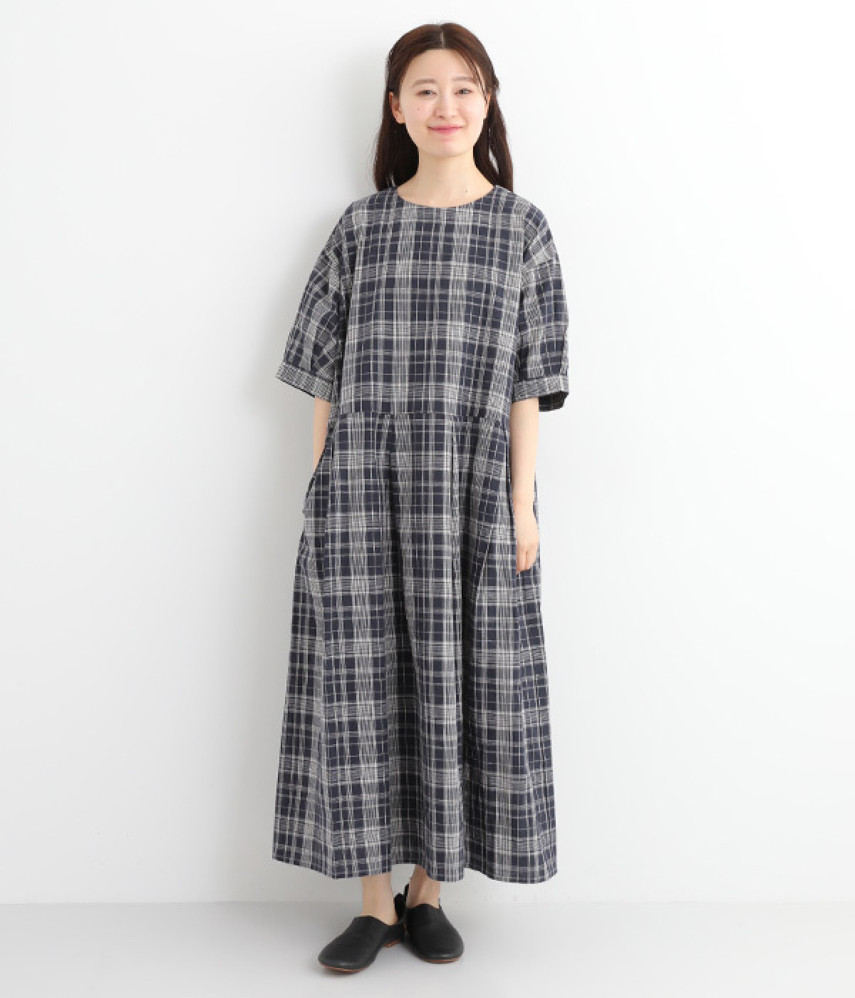 コットンリネン平織りチェック切替タックワンピース(ネイビー-ONESIZE)