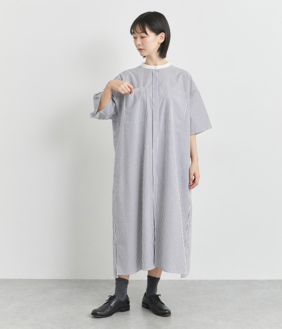 コットン細番手ポケットワンピース(ストライプ-ONESIZE)