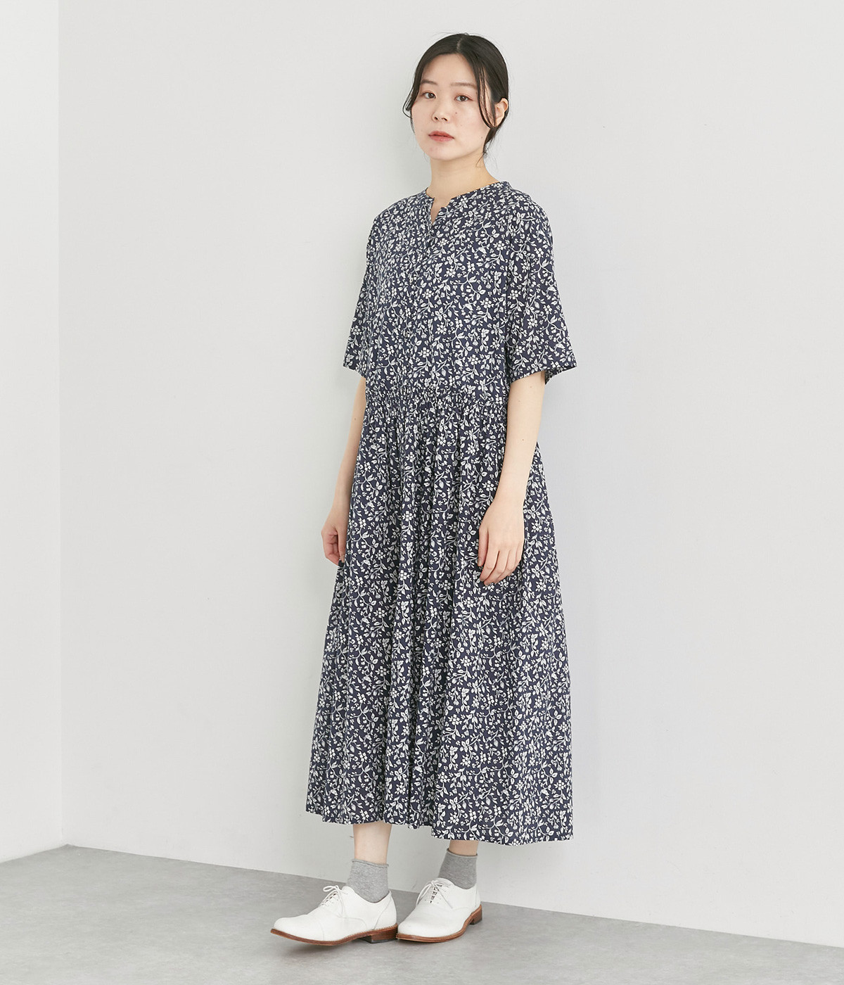 コットン細番手プリントハオリワンピース(ネイビー-ONESIZE)