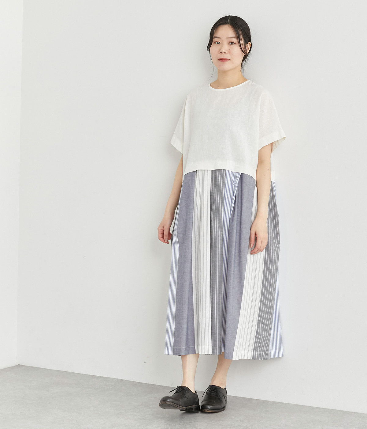コットンパネルスライプ別布切替ワンピース(ブルー-ONESIZE)