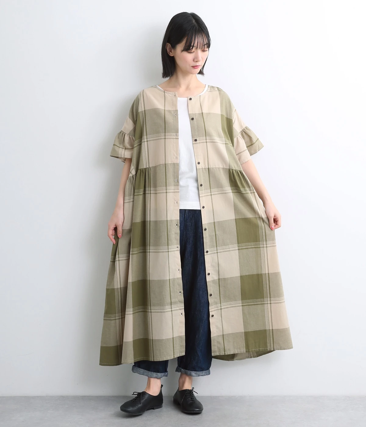 コットンリネン細番手ブロックチェック2wayワンピース(グリーン-ONESIZE)