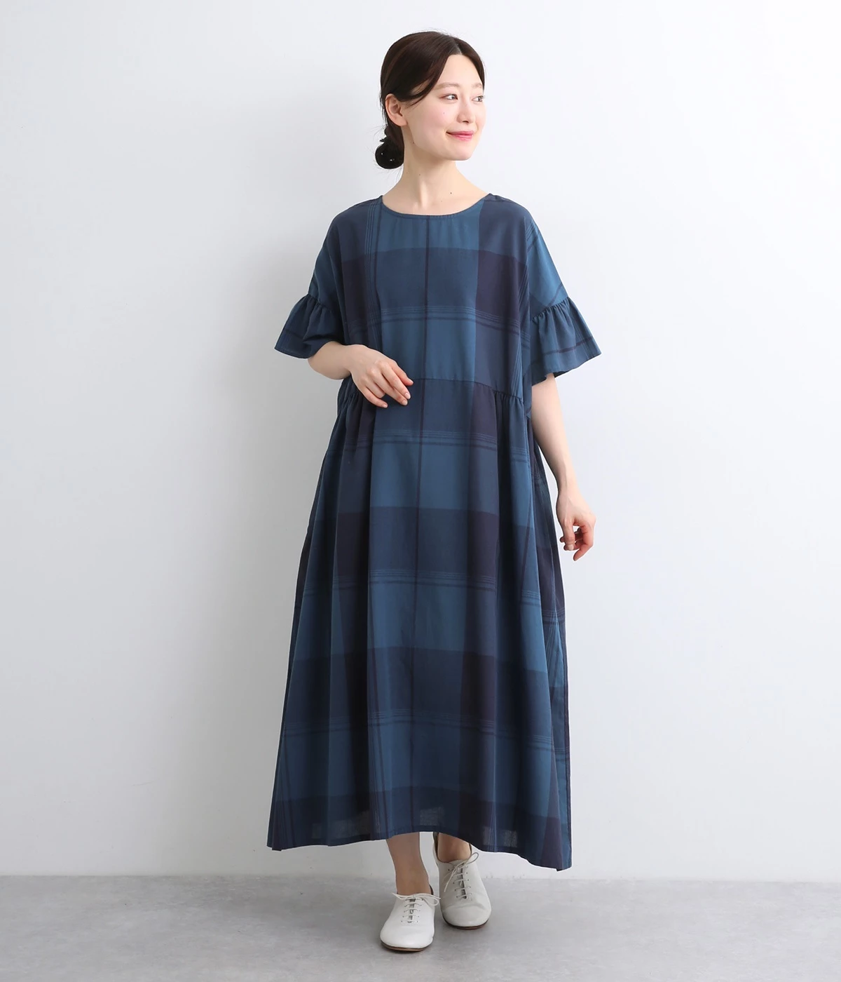 コットンリネン細番手ブロックチェック2wayワンピース(ブルー-ONESIZE)