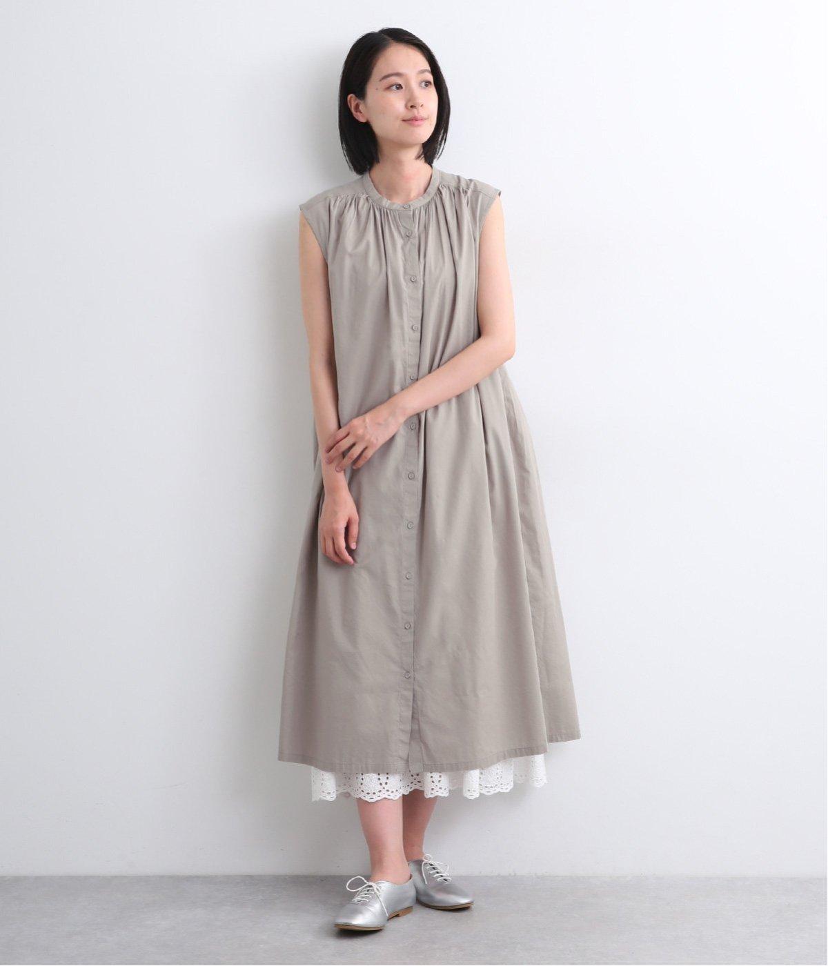 コットンレーヨン平織り無地　前開きノースリーブワンピース(グレー-ONESIZE)