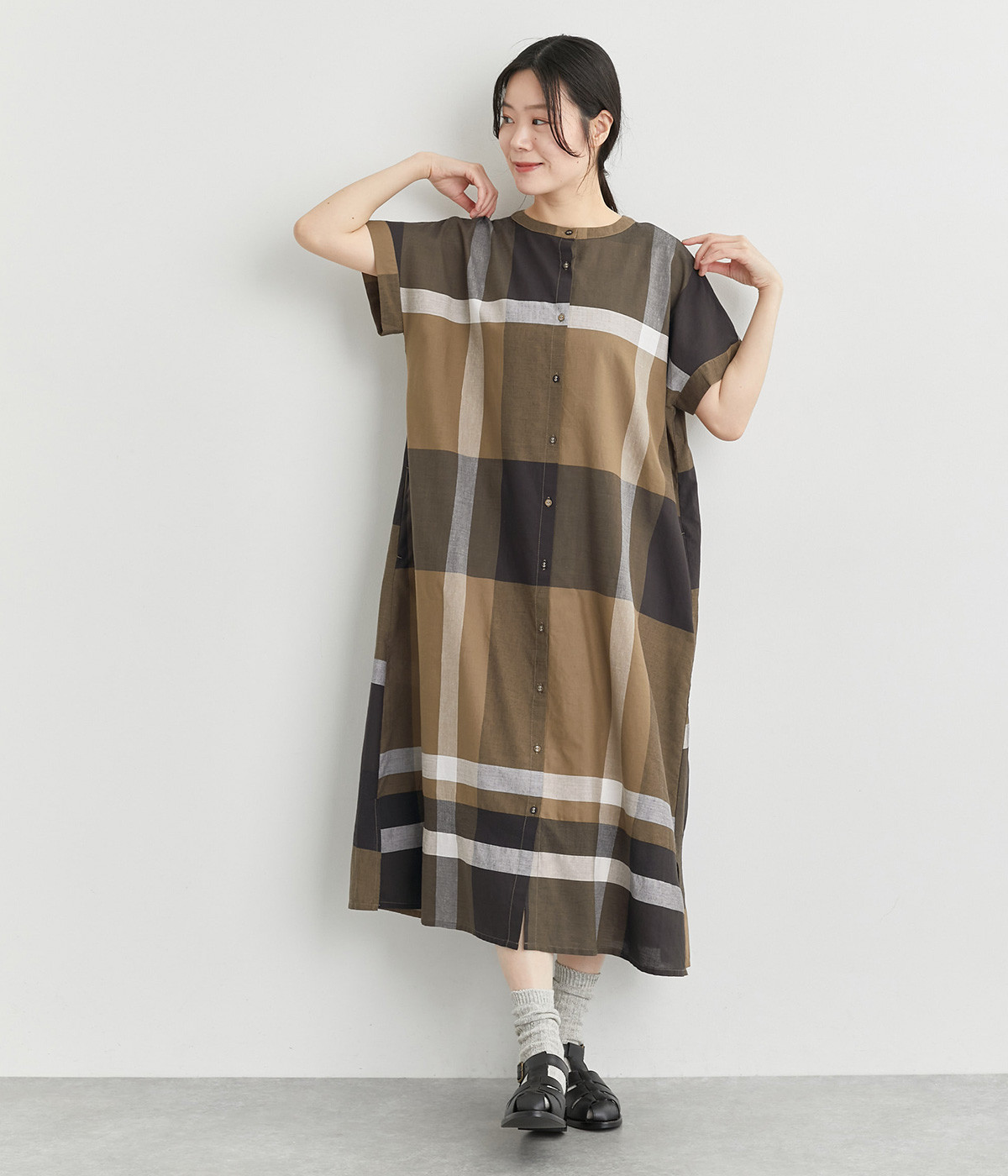 コットンリネン細番手パネルチェックワンピース(ブラウン-ONESIZE)