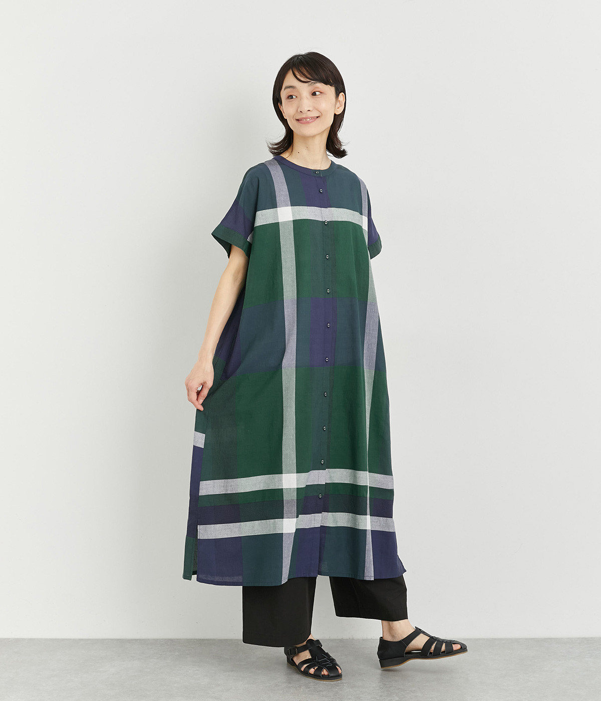 コットンリネン細番手パネルチェックワンピース(ネイビー-ONESIZE)