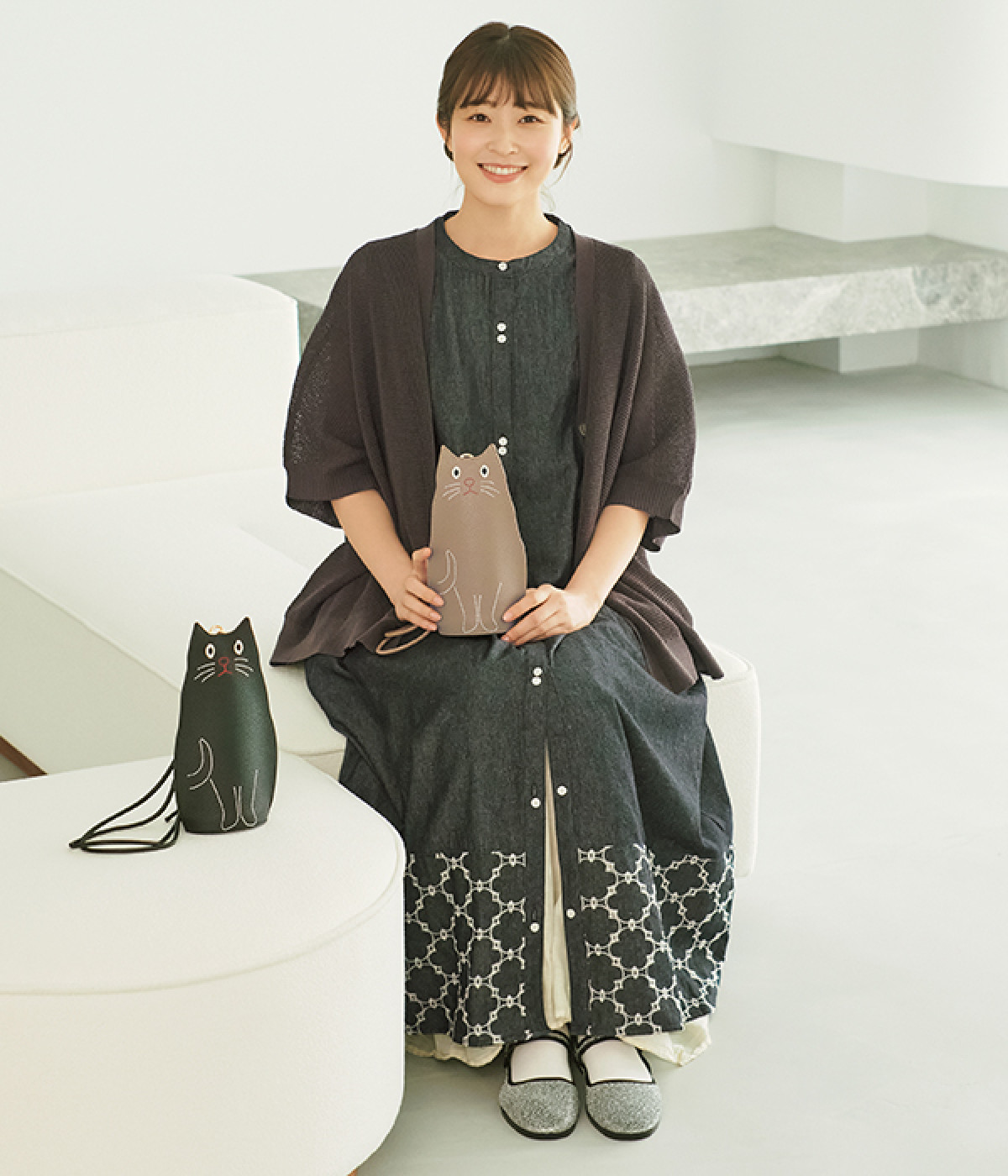【リンネル掲載】デニム×サークル刺繍ワンピース(ブラック-ONESIZE)