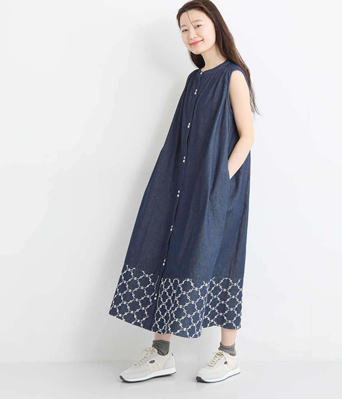 【リンネル掲載】デニム×サークル刺繍ワンピース(ネイビー-ONESIZE)