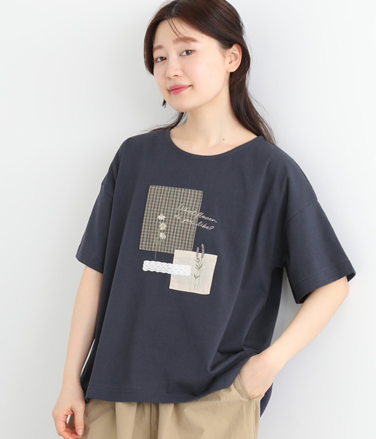 パッチ刺繍Tシャツ(ネイビー-ONESIZE)