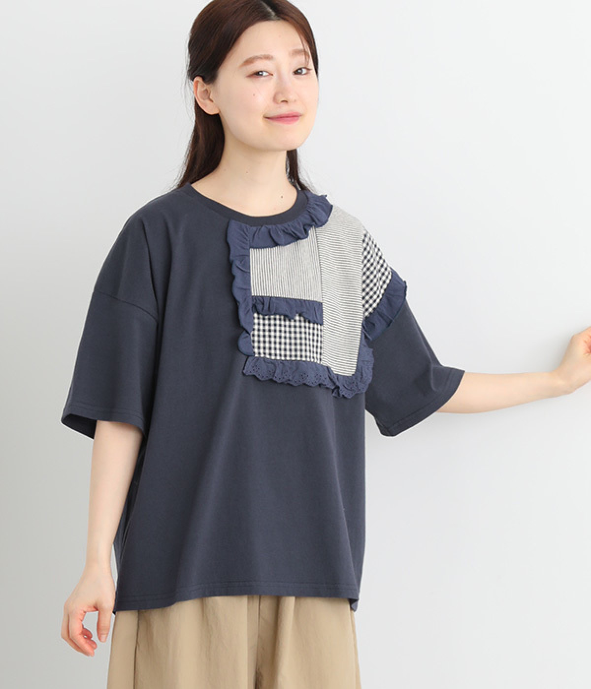 フリルパッチ切替Tシャツ(ネイビー-ONESIZE)