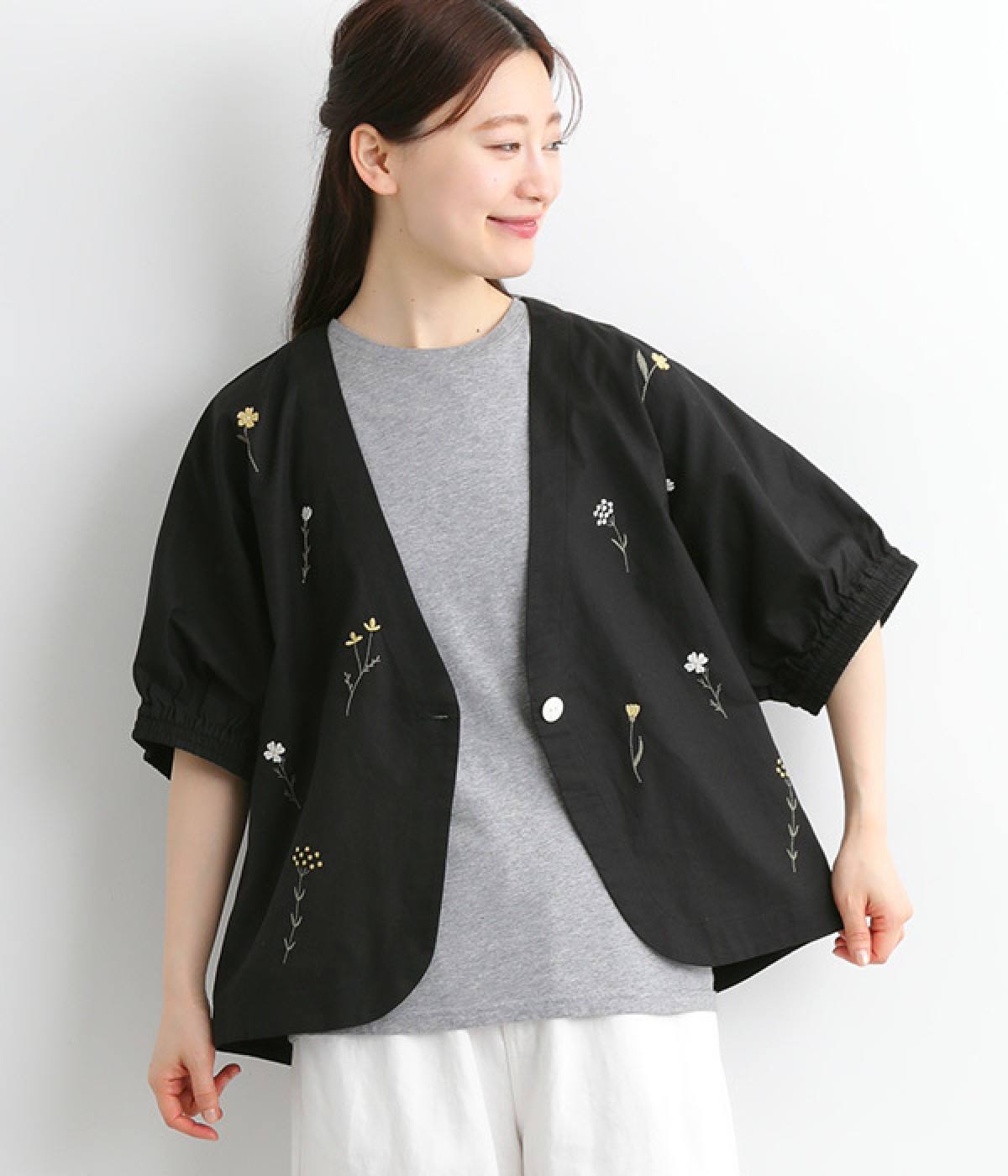 コットンリネン 刺繍カーディガン(ブラック-ONESIZE)