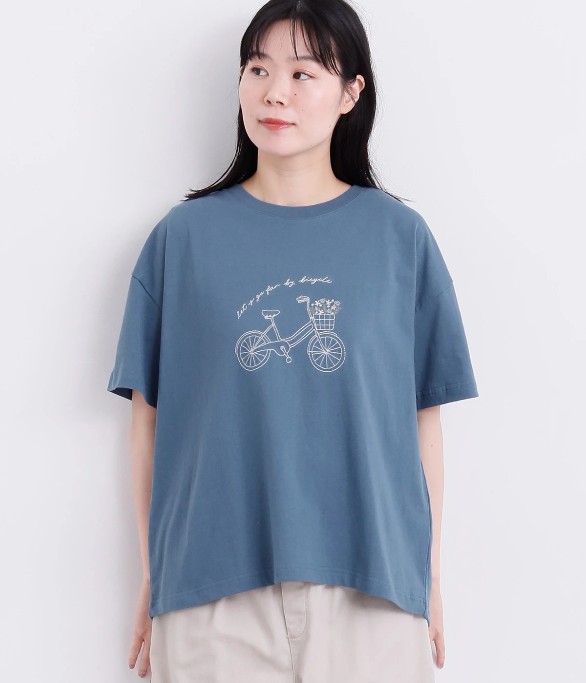 OE天竺 自転車刺繍Tシャツ(ブルー-ONESIZE)