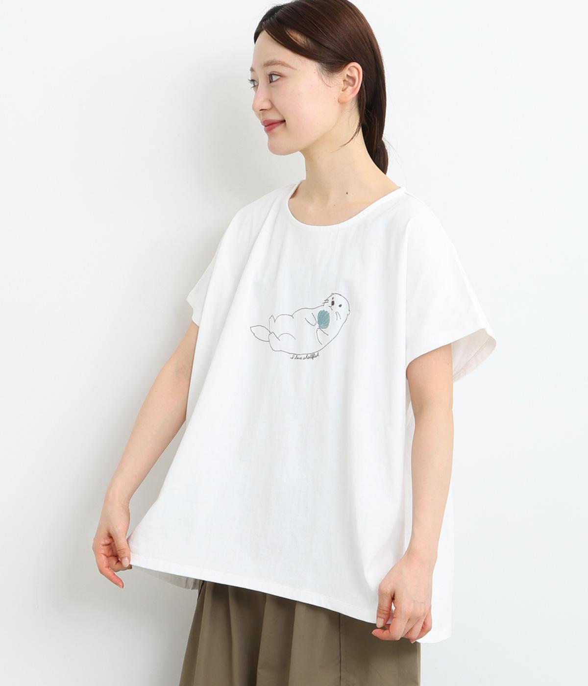 OE天竺 ラッコ刺繍フレンチTシャツ(ホワイト-ONESIZE)
