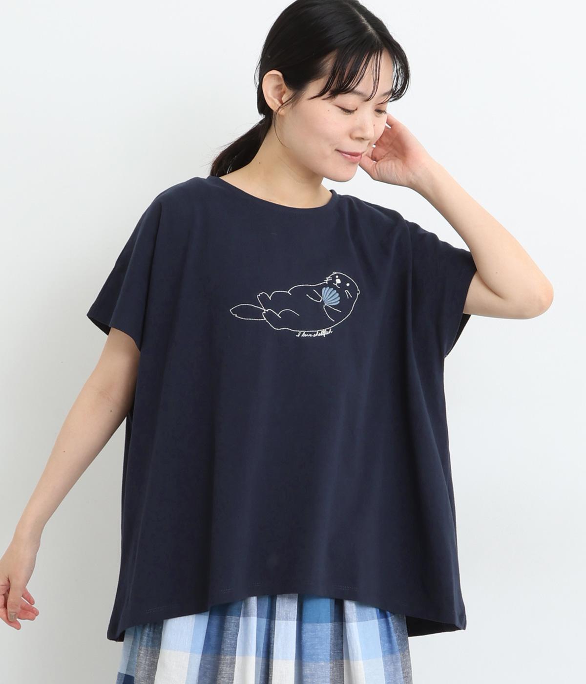 OE天竺 ラッコ刺繍フレンチTシャツ(ネイビー-ONESIZE)