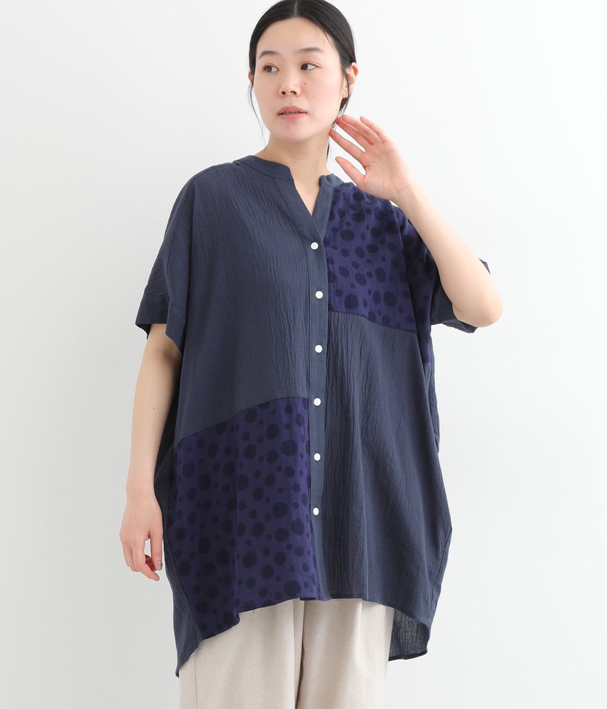 ランダムドットジャカード 切替スキッパーチュニックシャツ(ネイビー-ONESIZE)