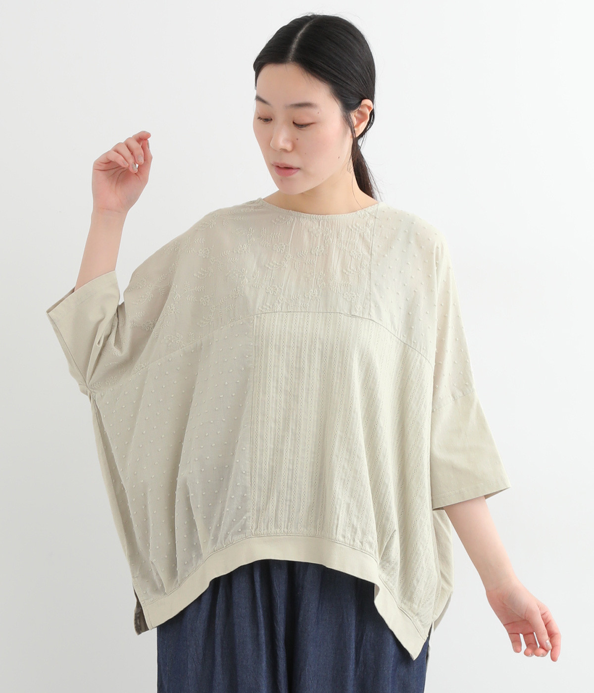 天竺布帛切替ポンチョTシャツ(グレー-ONESIZE)