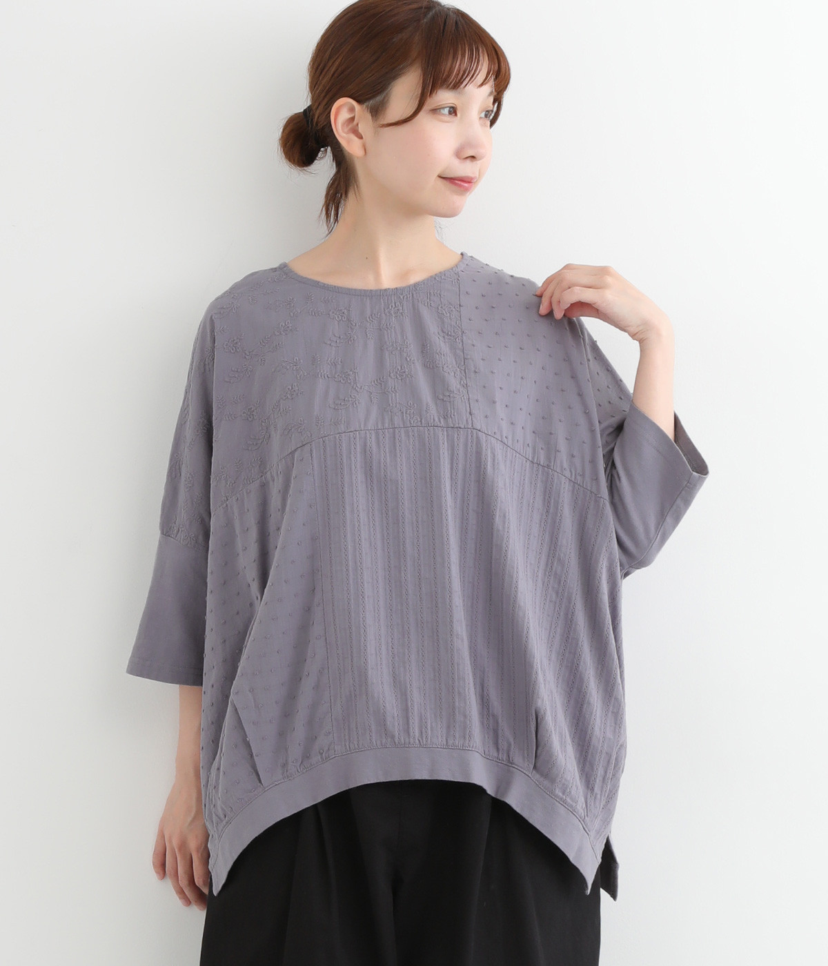 天竺布帛切替ポンチョTシャツ(ラベンダーグレー-ONESIZE)