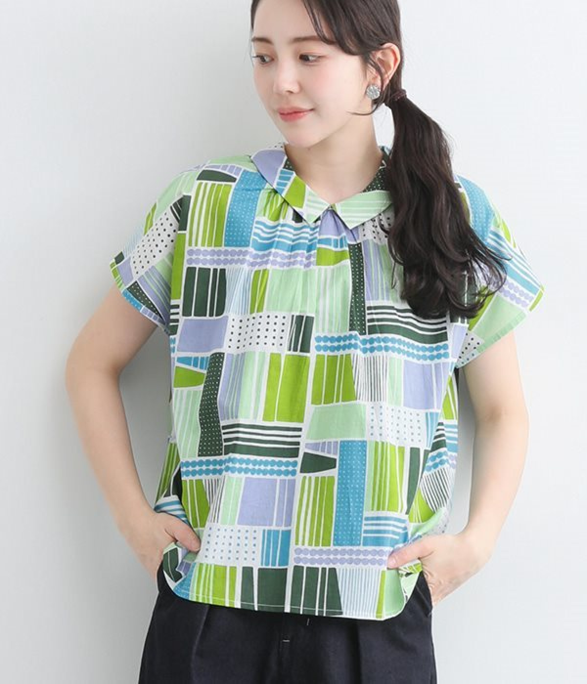コットンドローイングミックスブラウス(グリーン-ONESIZE)