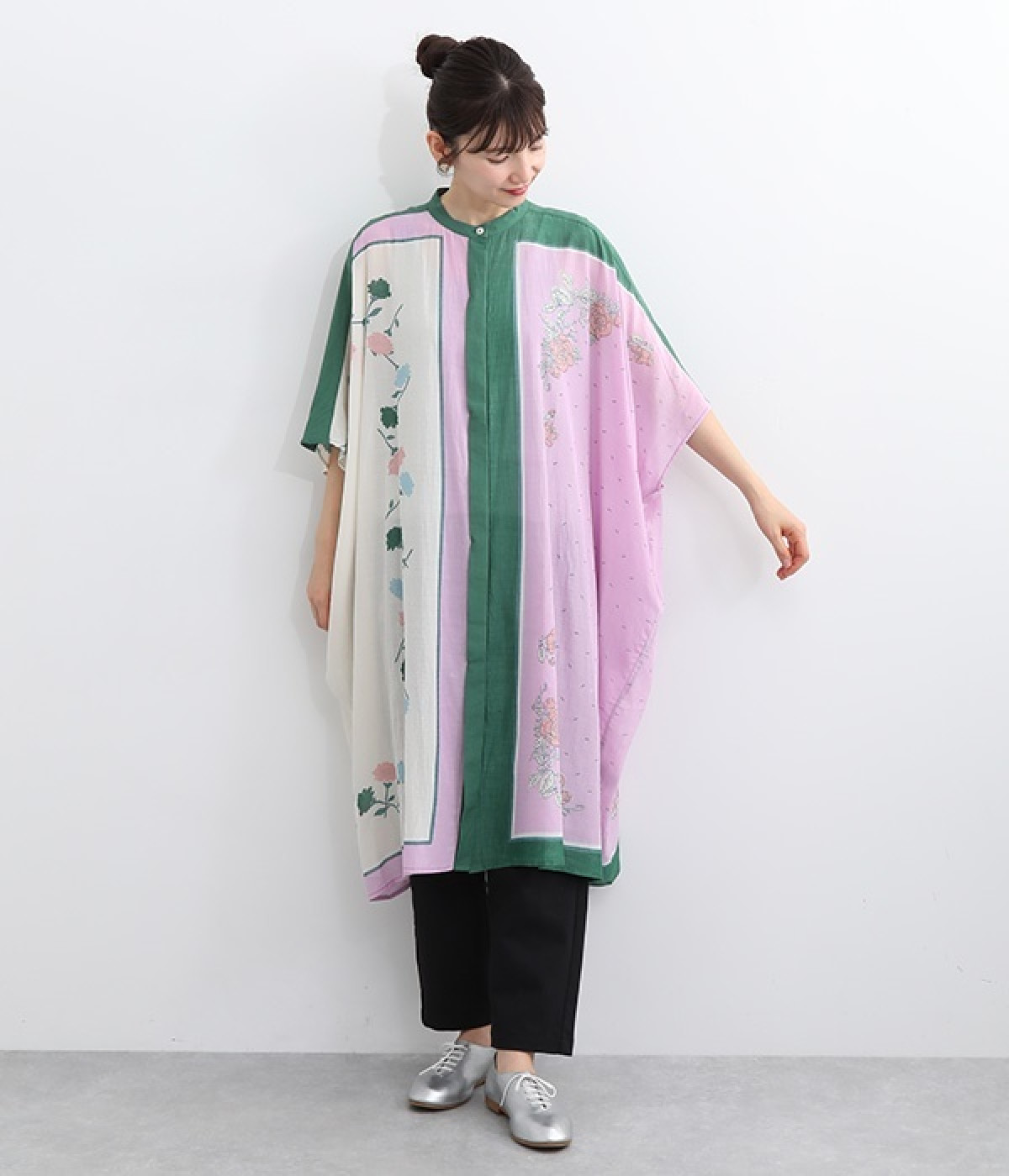 レーヨンコットンスカーフプリントワンピース(パープル-ONESIZE)