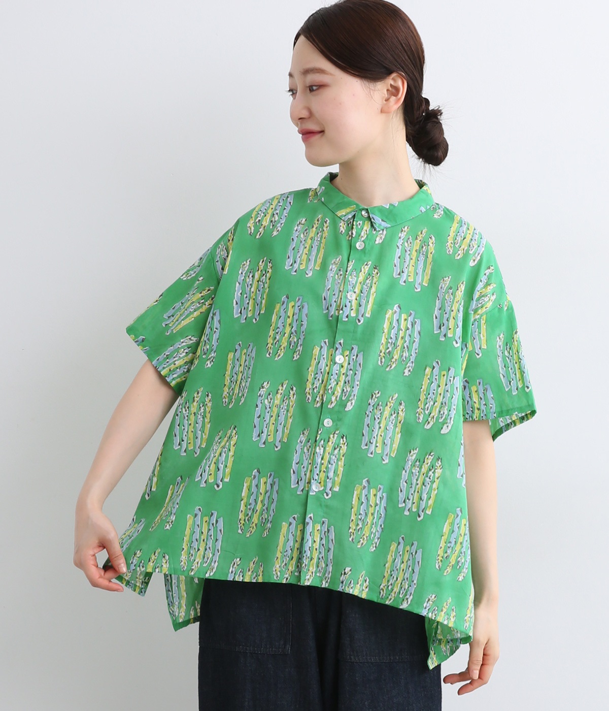 コットンボイルブロックアスパラガスブラウス(グリーン-ONESIZE)