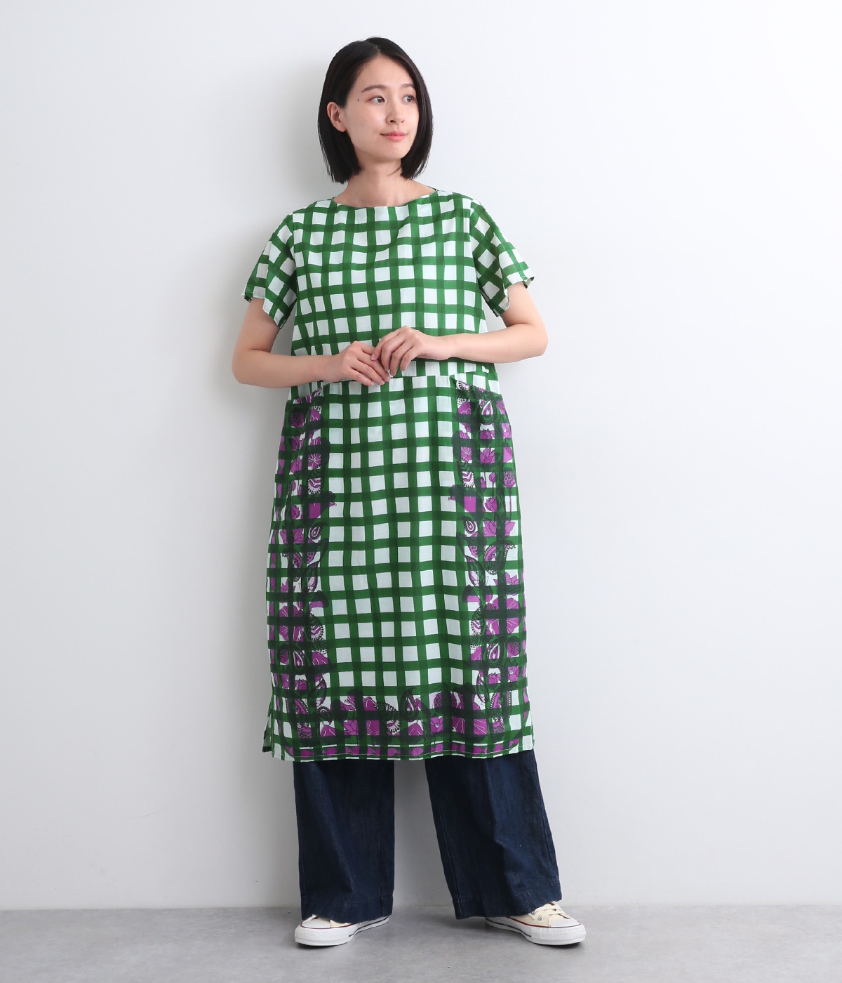 コットンボイルロータスチェックワンピース(グリーン-ONESIZE)